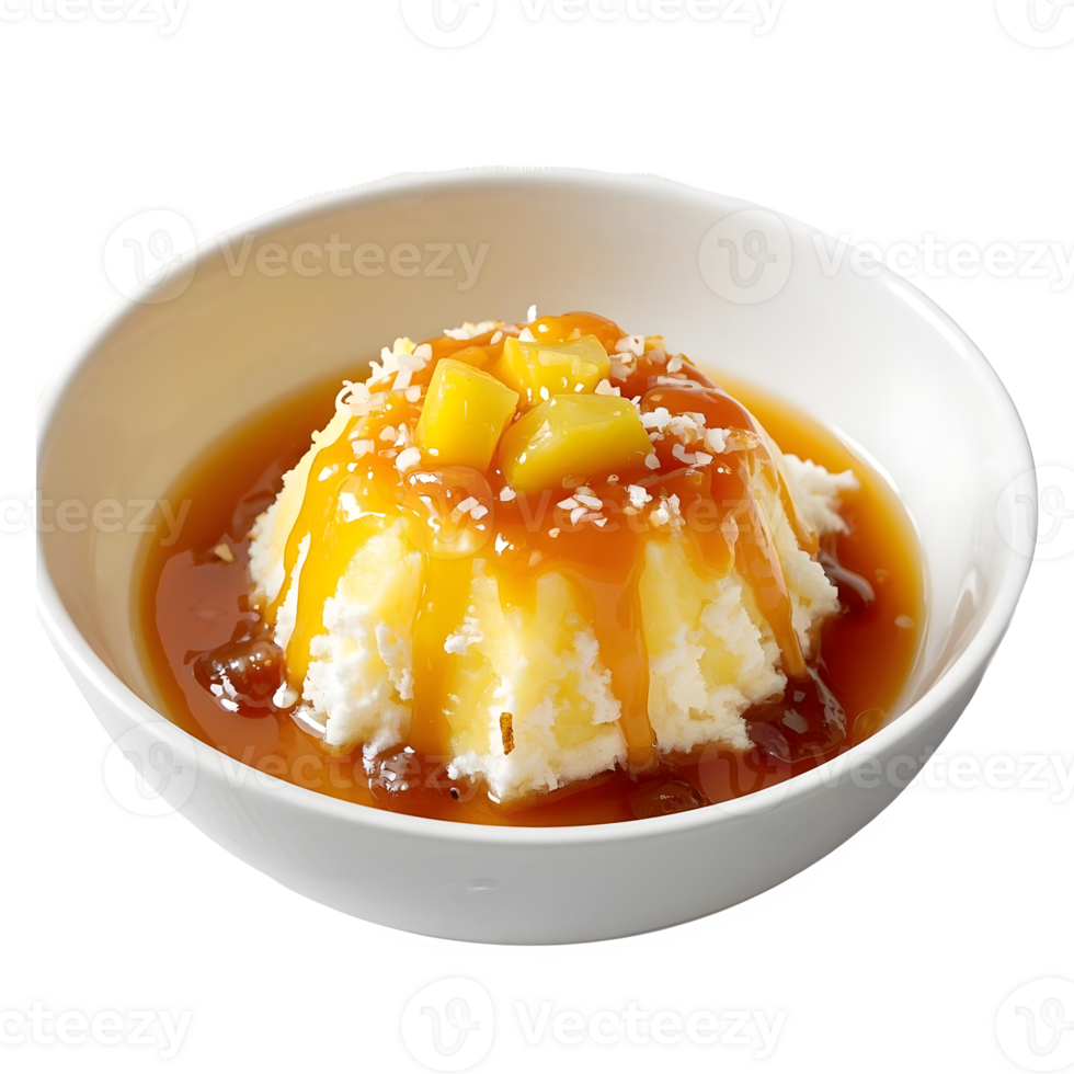 Tropical Pineapple Coconut Pudding with Caramel Topping Transparent Background for Food Photography png