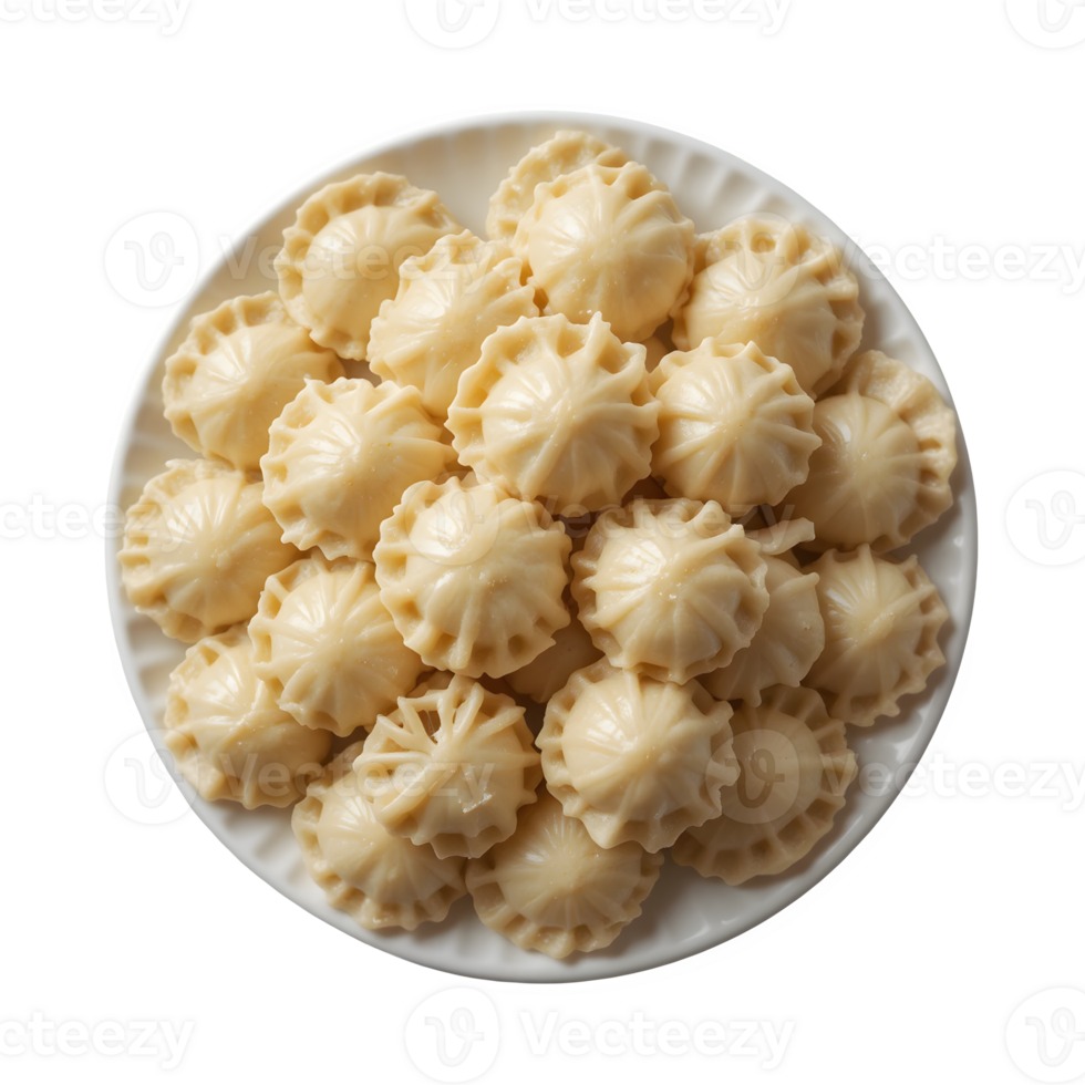 Top-Down Shot of Steamed Dumplings Heap White Plate with Transparent Background png