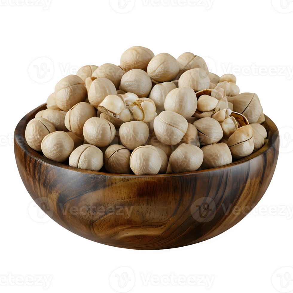 Wooden Bowl Filled with Abundant Macadamia Nuts Isolated on Transparent Background png