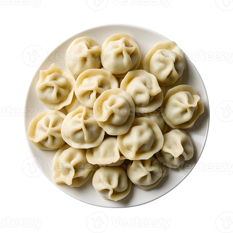 Top-Down View of Realistic Dumplings on White Plate Isolated Transparent Background png
