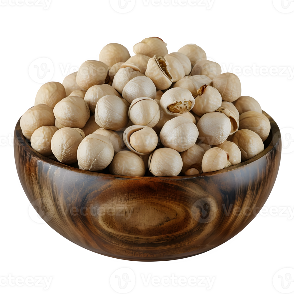 Abundant Macadamia Nuts in a Rustic Round Wooden Bowl Isolated on Transparent png