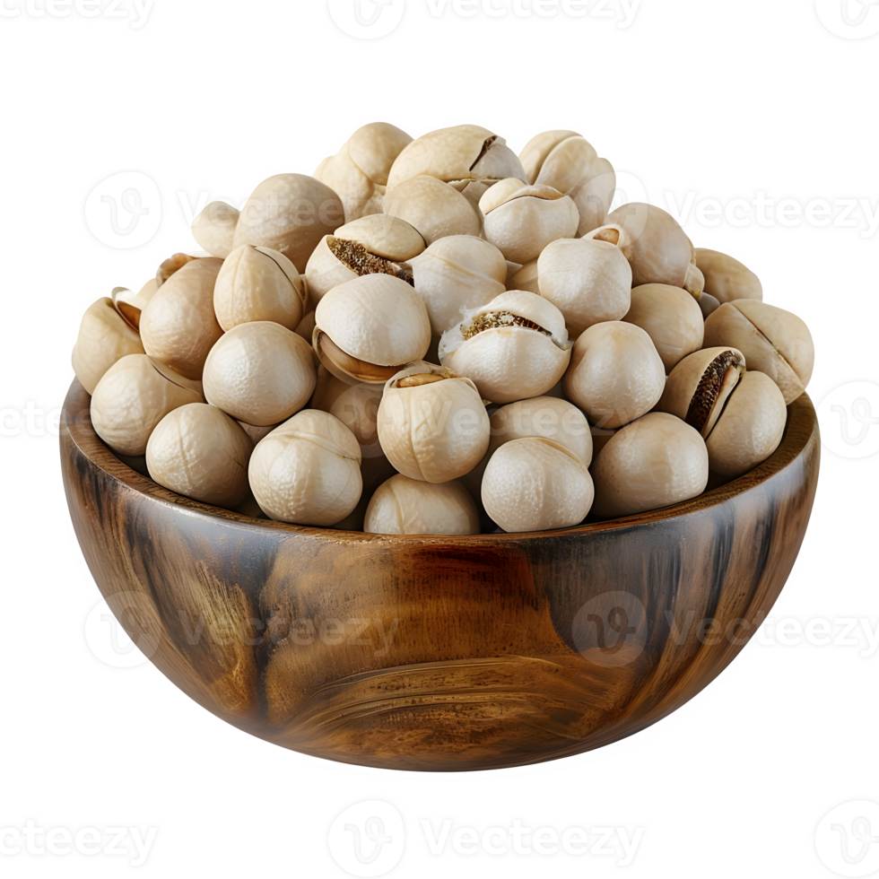 Round Wooden Bowl Packed with Organic Macadamia Nuts Transparent png