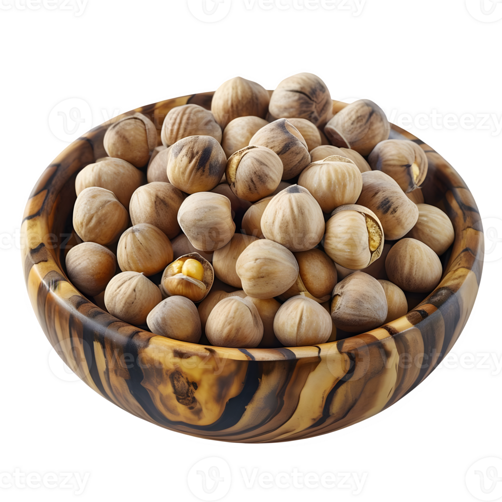 Rustic Wooden Bowl Overflowing with Fresh Macadamia Nuts Transparent Background png
