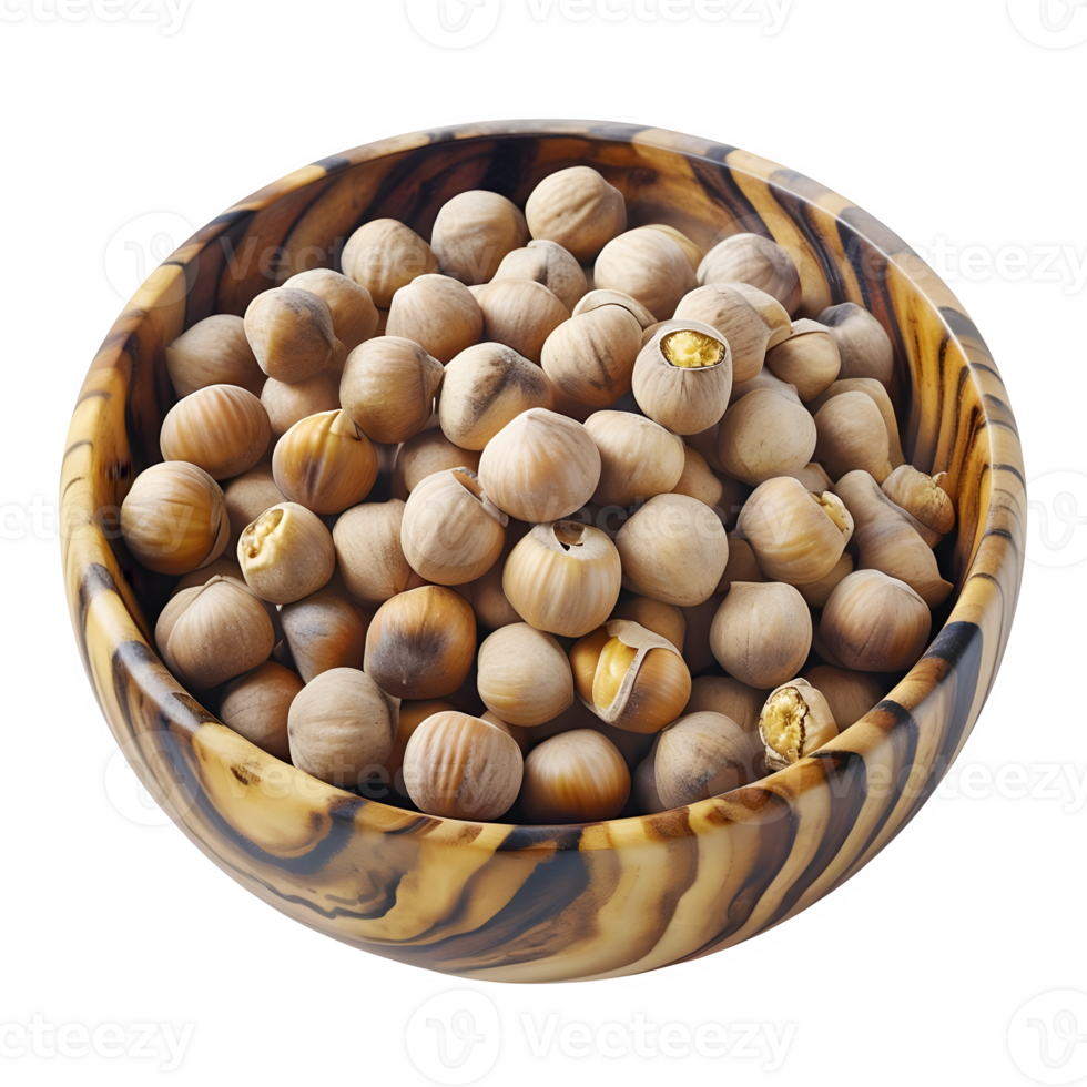 Round Wooden Bowl Overflowing with Fresh Macadamia Nuts on Transparent Background png
