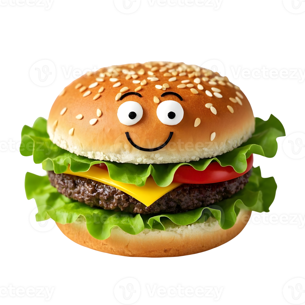 Whimsical Hamburger Art with Smiling Face Playful Fast Food Design Isolated png