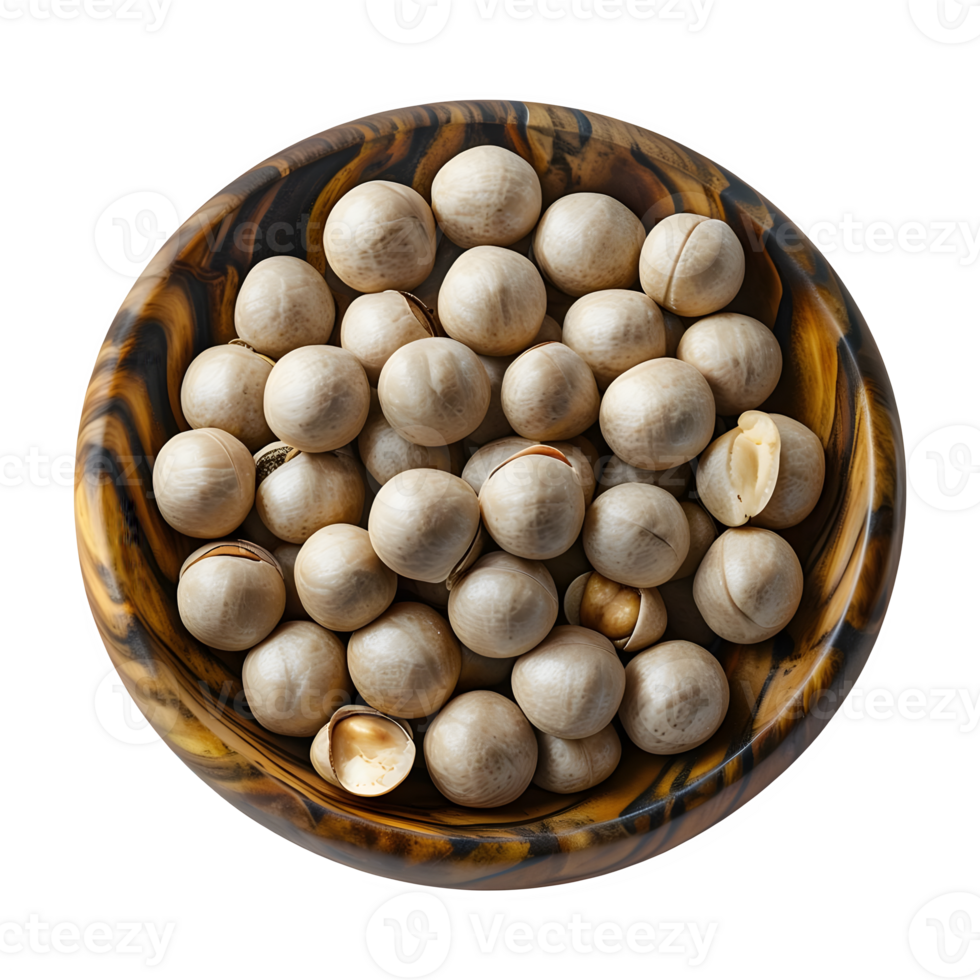 Macadamia Nuts in a Wooden Bowl High-Quality Isolated Image on Transparent Background png