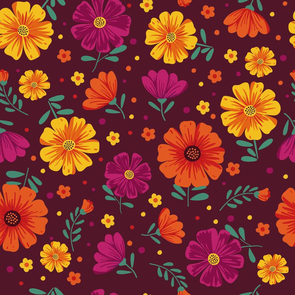 seamless floral pattern with vibrant mexican flowers for cinco de mayo, festive colorful botanical design, traditional decorative background for prints and textiles vector