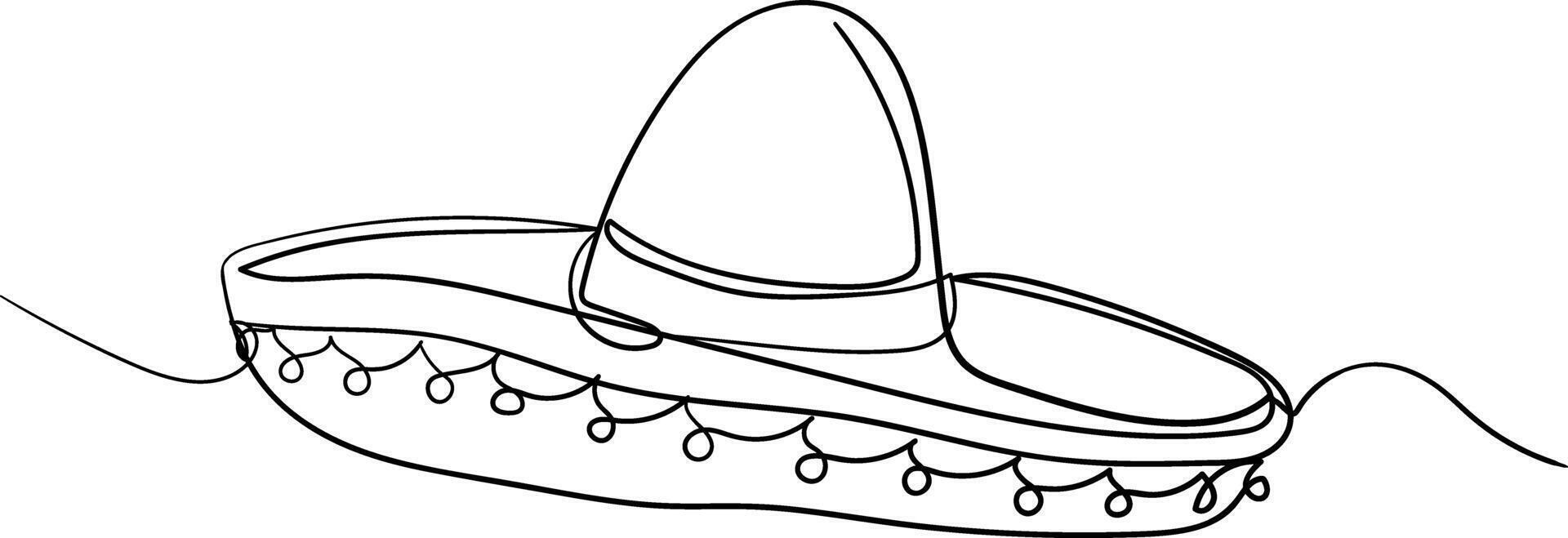 Minimalist one-line drawing of a traditional Mexican sombrero. Elegant continuous line art illustration for cultural designs, prints, and decoration vector