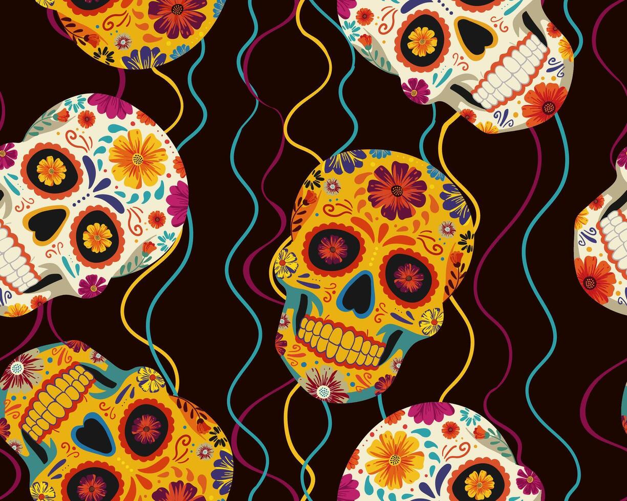 seamless pattern of mexican skulls flower calavera masks with lines. bright cinco de mayo design on dark background. isolated illustration vector