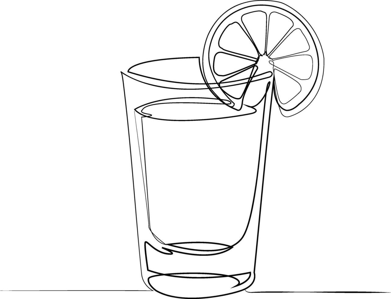 Minimalist one-line drawing of a tequila shot with a lemon slice. Elegant continuous line illustration, perfect for bar menus, cocktail designs, and beverage branding vector