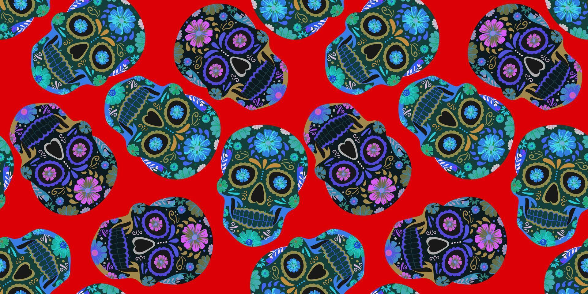 seamless pattern with colorful sugar skulls on red background, mexican day of the dead dia de los muertos festive design, traditional floral calavera decoration vector