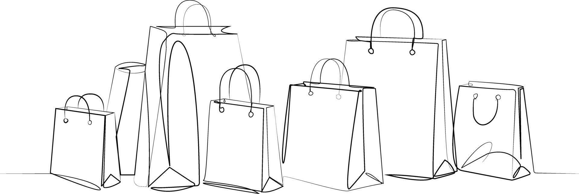 Minimalist one-line drawing of shopping bags. Elegant continuous line art illustration for retail, fashion, and commerce designs vector
