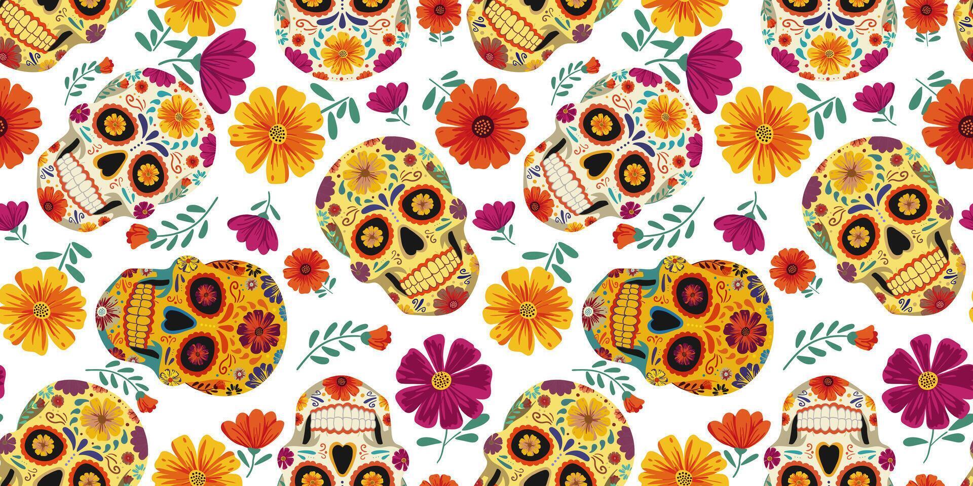 Seamless colorful pattern with Mexican sugar skulls and floral elements. Perfect for Dia de los Muertos, Cinco de Mayo, and festive holiday backgrounds or decorations vector