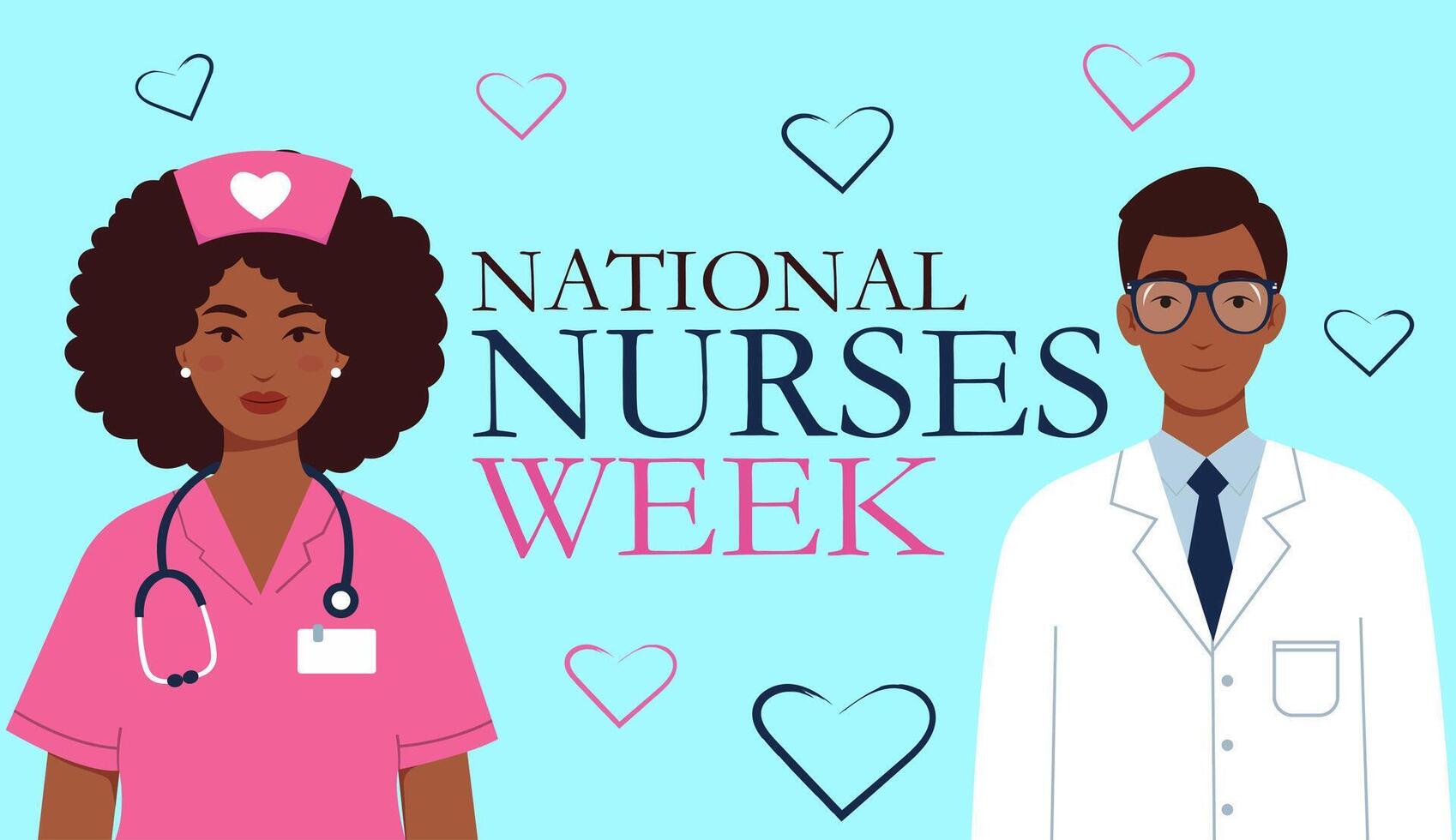 Illustration of the celebration of National Nurses Week showing various healthcare workers, nurse heart doctor isolated objects for postcards background medical decor vector
