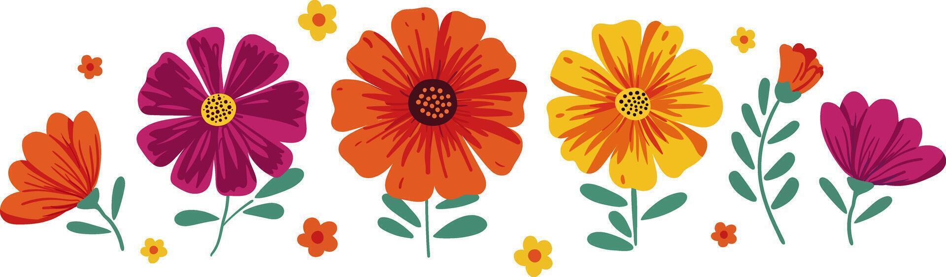 Cinco de mayo flowers set festive mexican holiday elements. bright floral illustration isolated design for Day of the Dead, Dia de los Muertos fiesta celebration icon vector