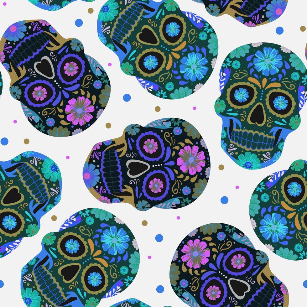 dark seamless pattern with Mexican sugar skulls decorated with polka dot floral elements. Perfect for Dia de los Muertos, Cinco de Mayo, Halloween and holiday design projects vector