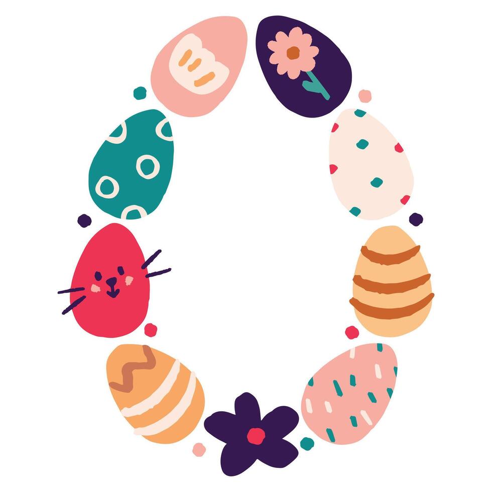 Bright Easter frame with colorful eggs and flowers, perfect for greeting cards, invitations, templates, festive designs and spring celebrations. vector