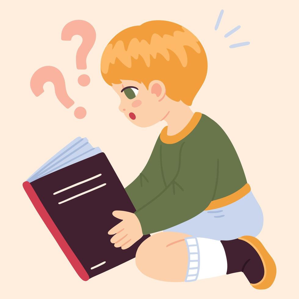 Illustration of a child reading a book, highlighting a moment of discovery and questioning. vector