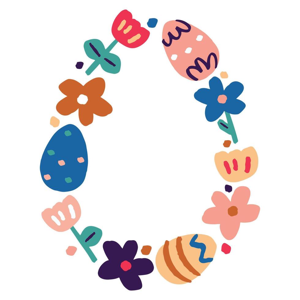 Bright Easter frame with colorful eggs and flowers, perfect for greeting cards, invitations, templates, social media posts, and prints. Ideal for festive designs and spring celebrations. vector