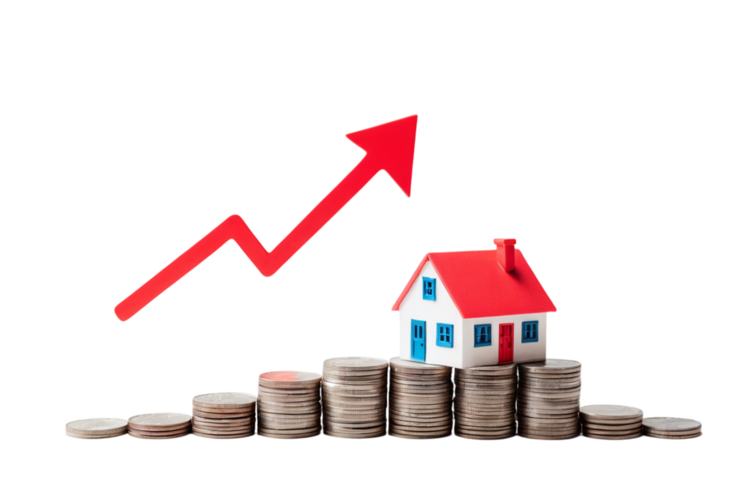 Rising Property Value A miniature house placed on increasing coin stacks driving investments png