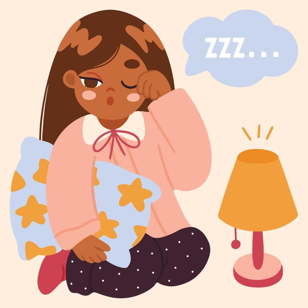 Illustration of a sleepy baby girl, ready for bed. The scene captures a peaceful night, highlighting the child's desire to sleep. Perfect for bedtime and parenting themes. vector