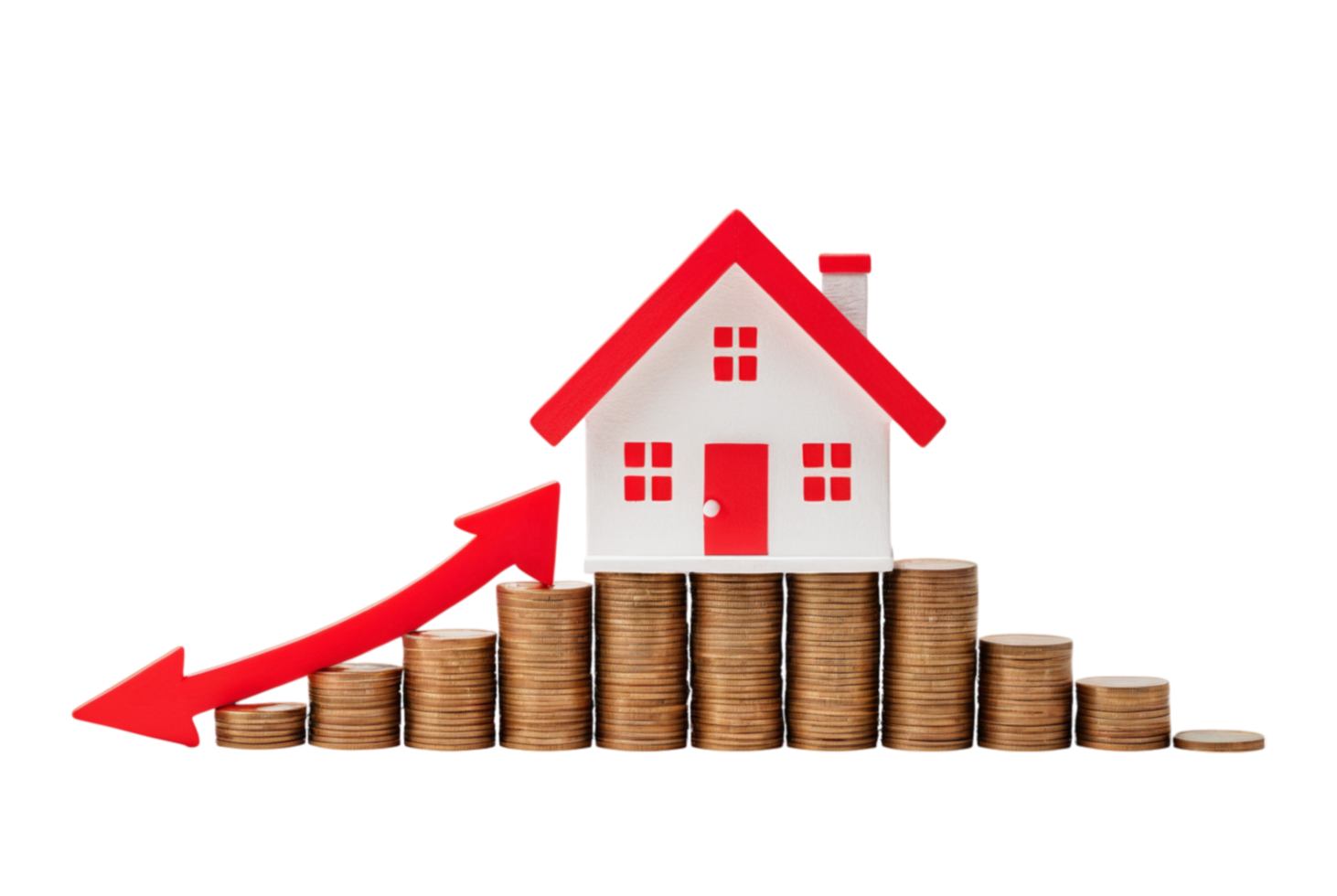 Rising Property Value A miniature house placed on increasing coin stacks and growth png