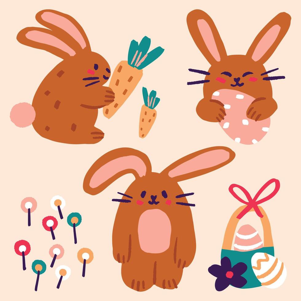 Cartoon Easter and Spring bunnies characters illustration set. Bunnies holding eggs, carrots, flowers. vector