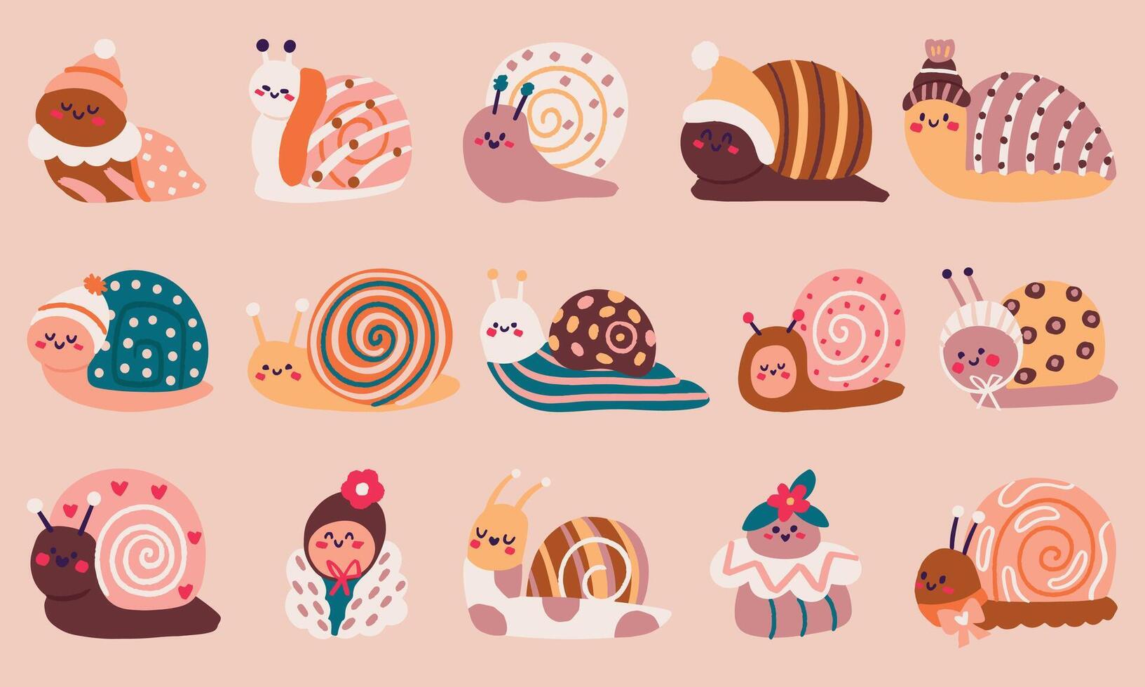 Set of funny and cute snails in cartoon style. vector