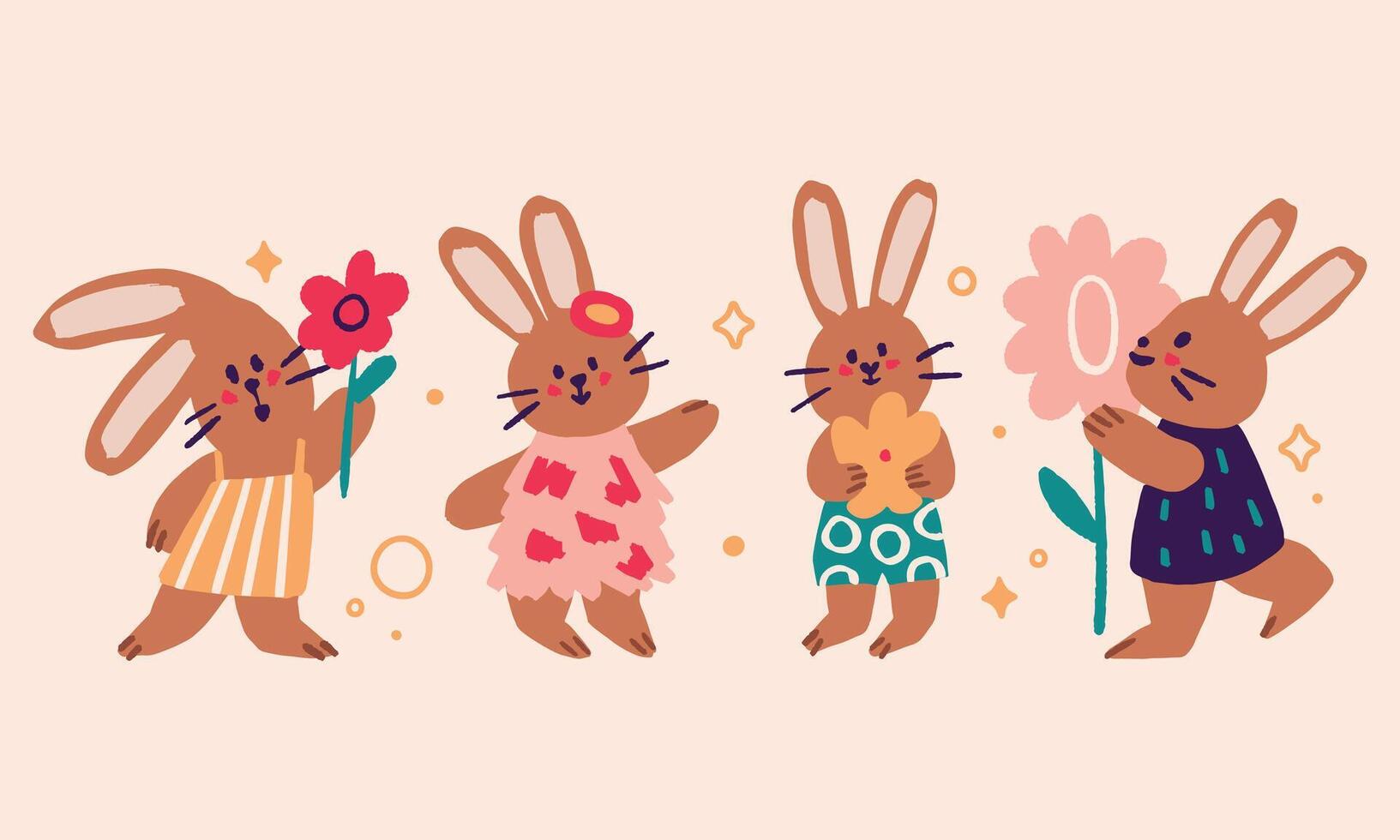 Cartoon Easter and Spring bunnies characters illustration. Bunnies holding flowers. Spring bunnies. Perfect for kids, greeting cards, prints, invitations, baby shower, fabric patterns, templates vector