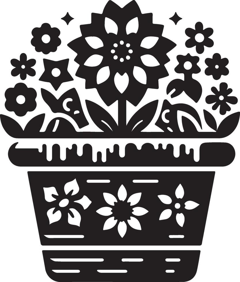 The black and white illustration of a flower pot with flowers vector