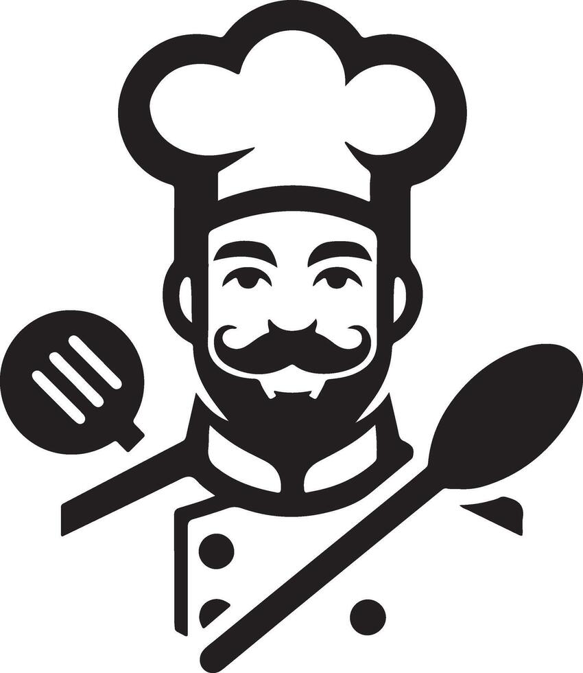 chef with mustache and hat holding a spatula and spoon vector
