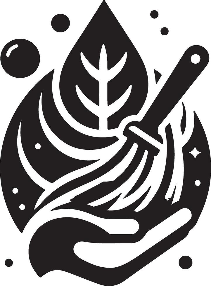 a black and white logo with a brush and a leaf vector