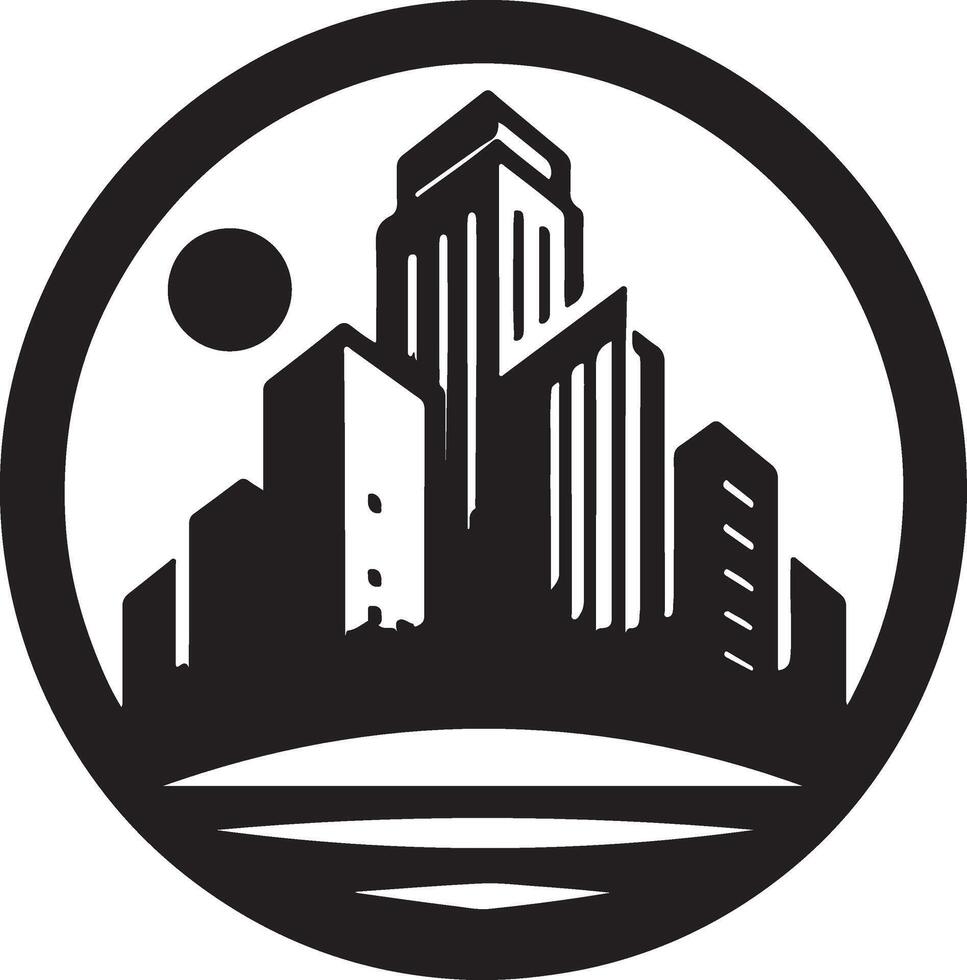 a black and white logo of a city with buildings vector
