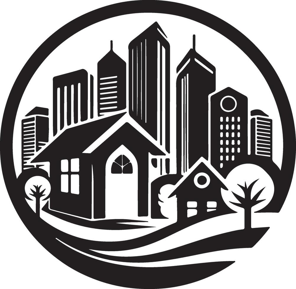 a black and white cityscape with a house and trees vector