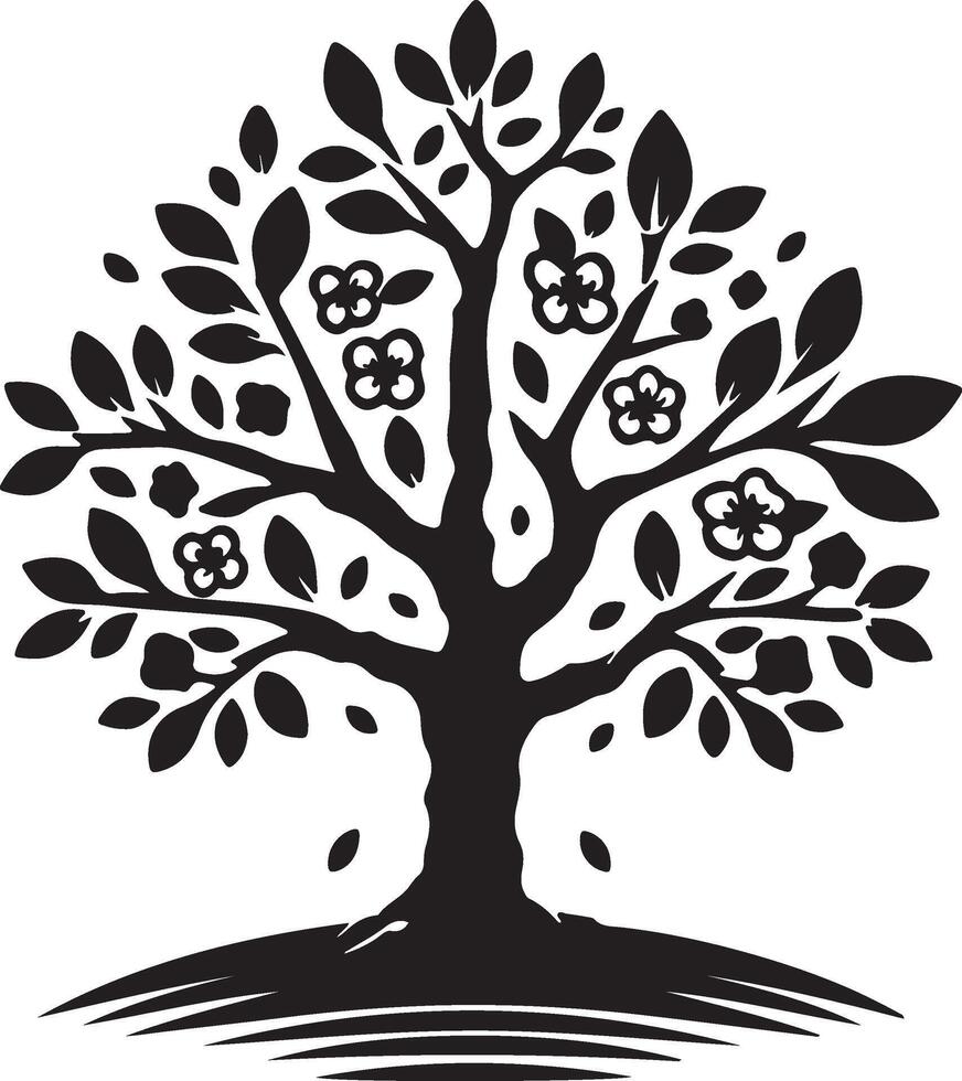 A black and white silhouette of a tree with flowers illustration vector