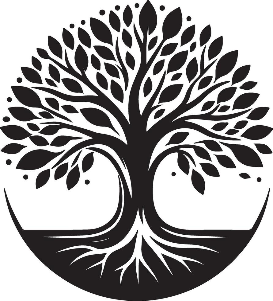 a black and white tree with roots in the middle vector