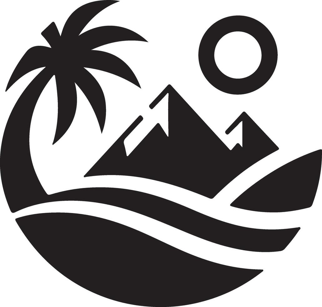 a black and white logo with mountains and palm trees vector