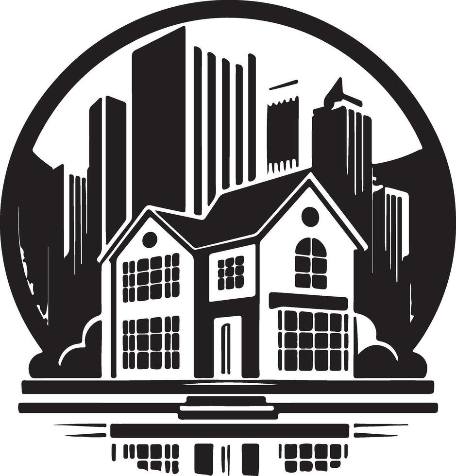Unique black and white logo of a house with a city skyline in the background vector