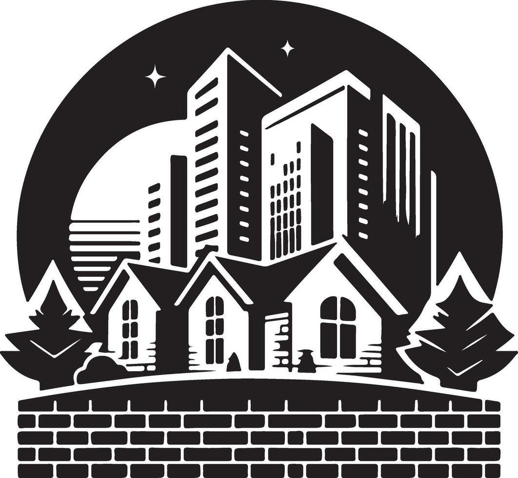 a black and white illustration of a city with a house in the background vector