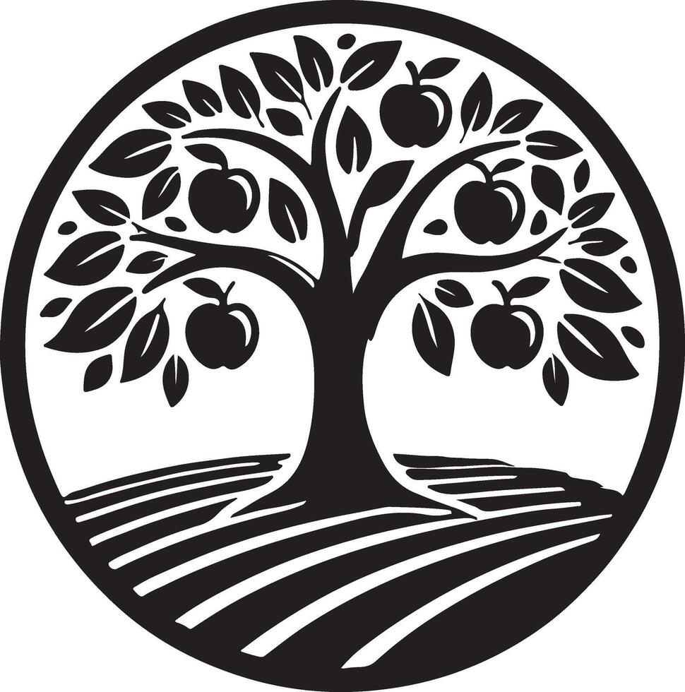 an apple tree with leaves and fruit in a circle vector