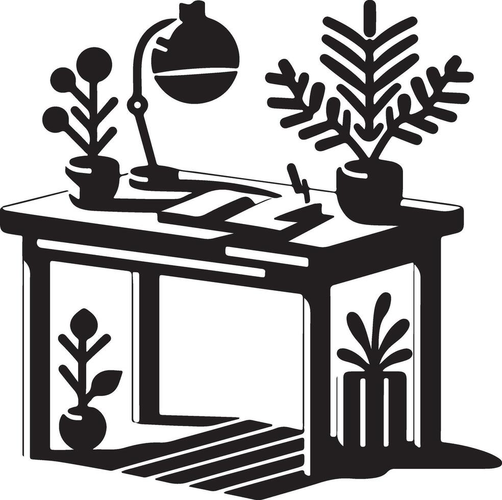 a black and white illustration of a desk with plants vector