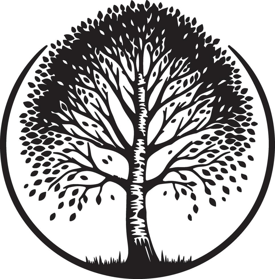 a black and white illustration of a tree in a circle vector