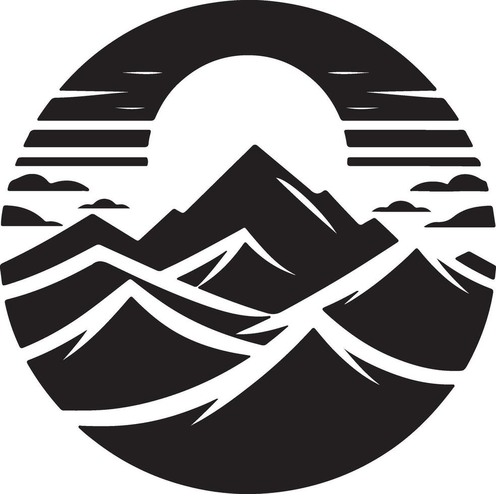 a black and white logo of mountains and sun vector
