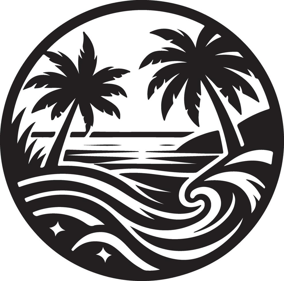 a black and white image of palm trees and waves vector