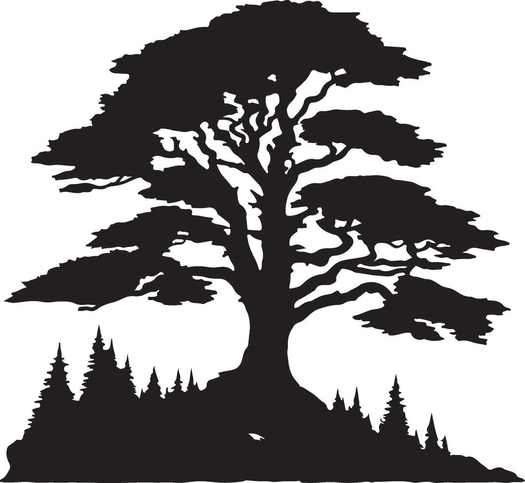 a silhouette of a tree with a mountain in the background vector