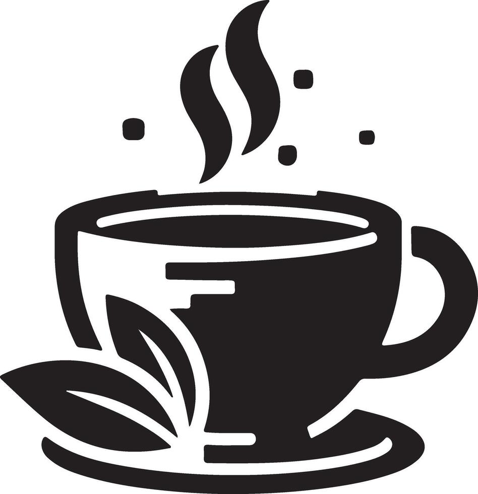 a black and white cup of tea with a leaf on top vector