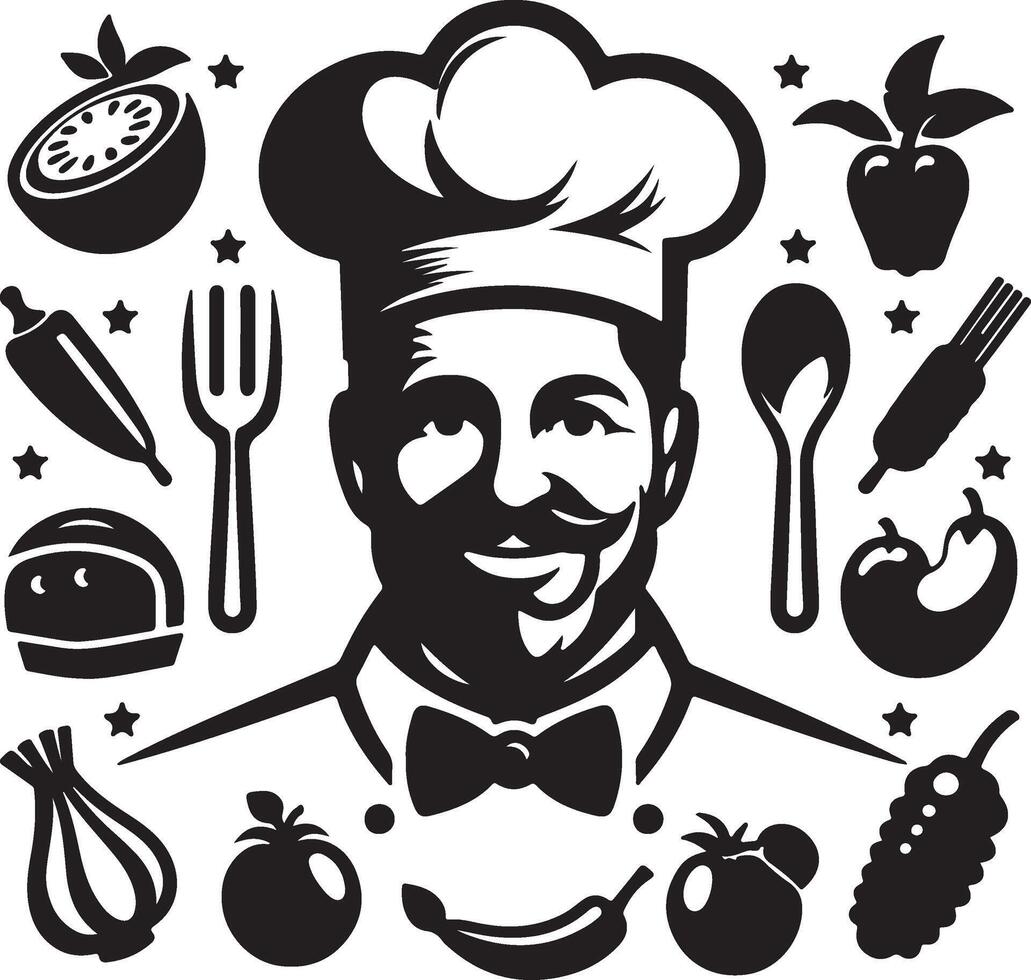 chef with vegetables and fruits icon set vector