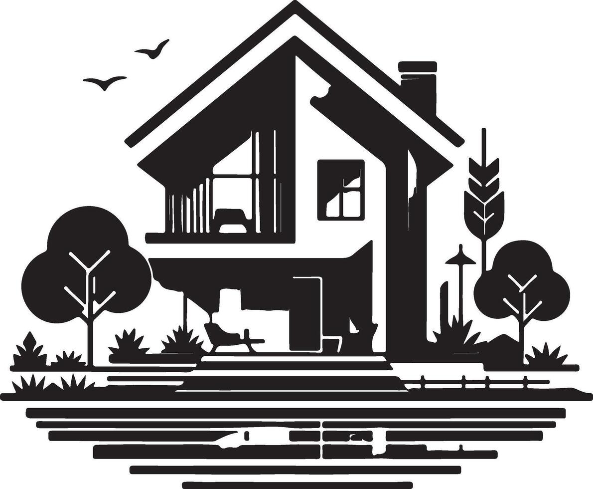 a black and white illustration of a house on the lake vector