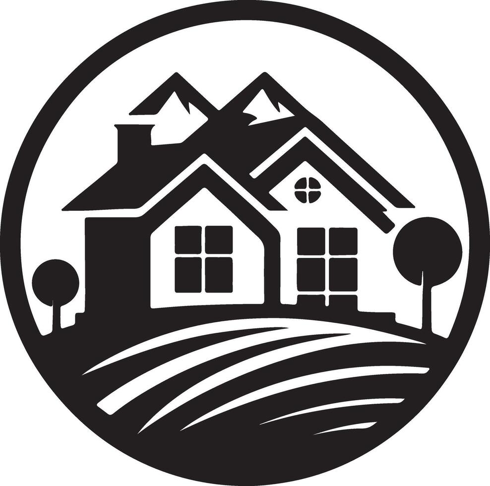 a black and white house logo with mountains and trees vector