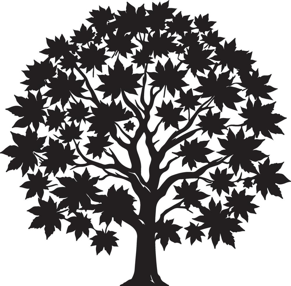 The black and white silhouette of a tree with leaves vector